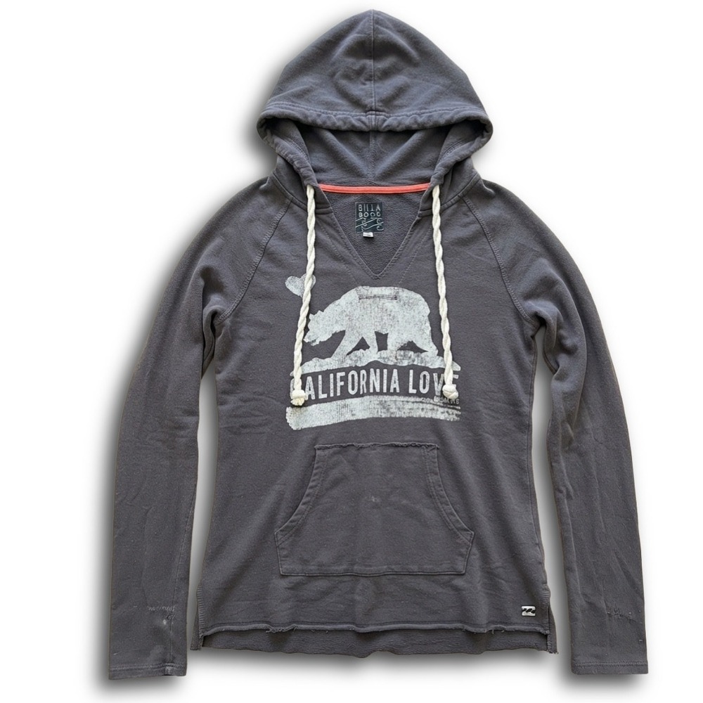 Billabong California Love Bear Graphic Hoodie Gray V-Neck Pullover Large